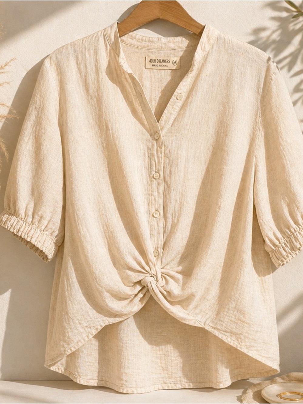 4OUR DREAMERS Linen Blend Twist Front Blouse Boho Coastal Cottagecore